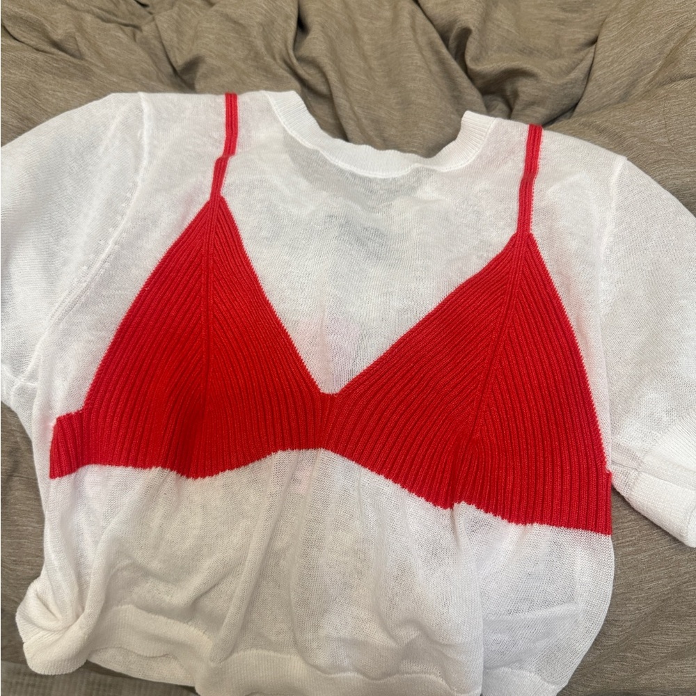 Red Knit Bralette Layered Over White Top - Women’s Stylish Layering